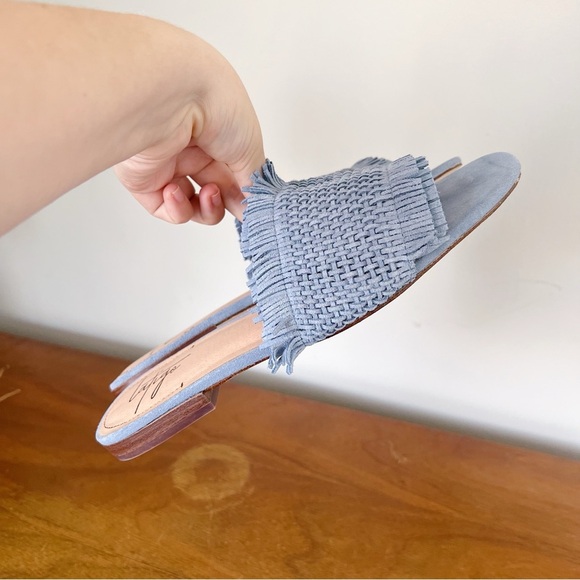 Latigo • Anthropologie Sofie Fringed Slide Sandal woven mules flat blue suede - Picture 4 of 7